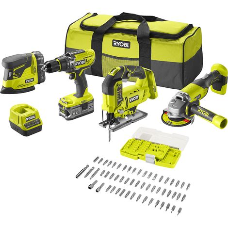 RYOBI Pack de 4 herramientas ONE+ 18V taladro percutor + amoladora + sierra de calar + lijadora + batería de 5Ah y 2Ah + bolsa R18CK4F-252S