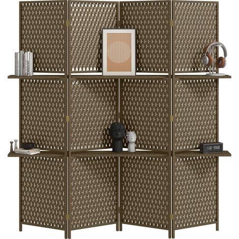 Paravent intérieur séparateur de pièce 4 panneaux 2 étagères bois de pin tressée fibres de papier 181 x 180 cm marron (1/5)