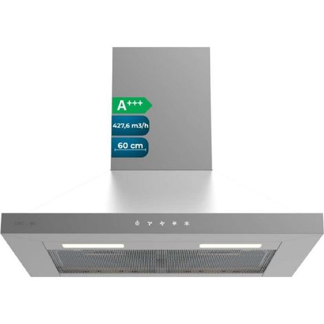 Cecotec Hotte Aspirante 60cm Pyramidale Bolero Flux PT 604000 Inox A+++. Aspiration 427,6m³/h, 3 Vitesses, SS Touch Control