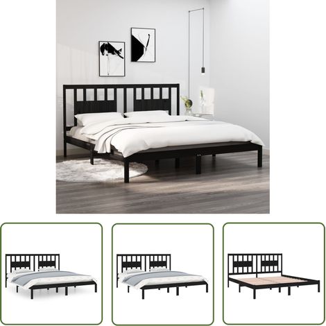 The Living Store Cadre de lit sans matelas noir bois massif 200x200 cm - Cadre De Lit - Lit Double - Lit En Bois - Bois Massif - Tête De Lit (1/5)