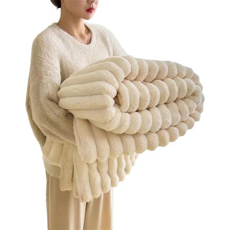 Kuscheldecke aus Kunstkaninchenfell, 180 × 200 cm, beidseitig weich, weiß, als Sofaüberwurf geeignet.