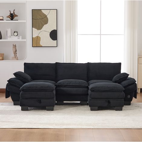 Divano modulare 3 posti in corduroy nero con 2 pouf, USB-C e tasche laterali 260x132x84 cm (1/5)
