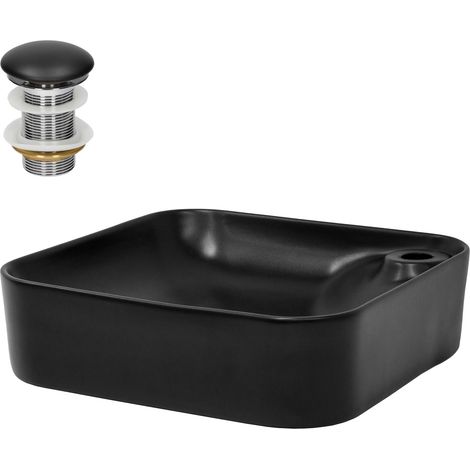 ML-Design Lavabo en Céramique Noir Mat 43x43x12 cm avec Garniture de Vidage 1 1/4" Universelle, Coins Arrondis, Vasque á Poser Moderne, Évier Lave-Mains pour Salle de Bain, Toilettes et WC Invités (1/5)