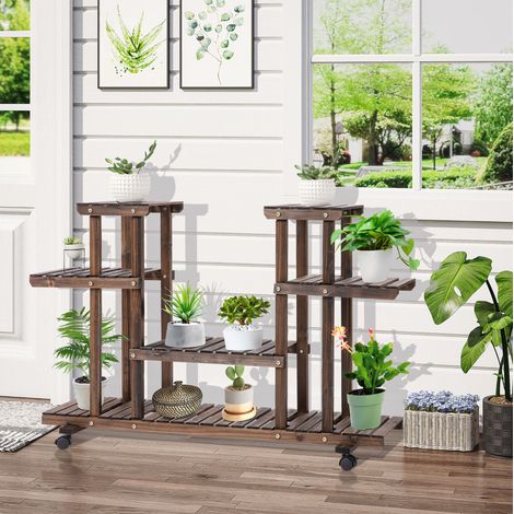 Estantería para plantas (123.5x33x80 cm), con 6 niveles, móvil con 4 ruedas, madera, marrón oscuro (1/5)