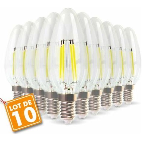 Lot de 10 Ampoules LED E14 Flamme Filament 4w Eq 40W blanc chaud 2700K (1/2)