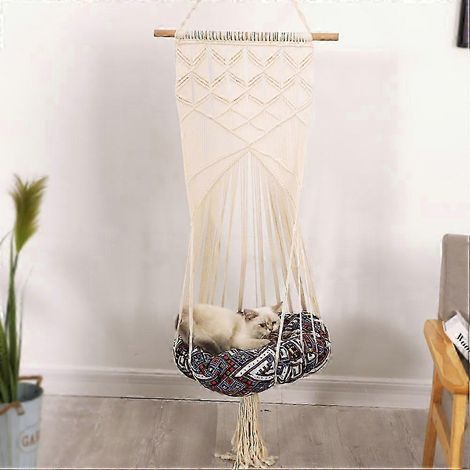Hamac pour chat en macramé, lit suspendu tissé à la main, décoration murale bohème, hamac mural pour félin, couchage élégant et naturel. (1/5)