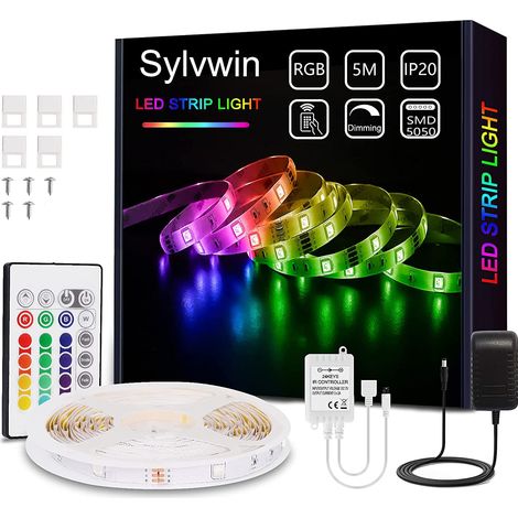 Ruban LED, Bande LED 5m RGB avec Télécommande,5050 Bandes LED Lumineuse avec 16 Changements de Couleur,4 Modes pour Maison,Chambre,Télévision,Décoration D'armoire,Fête (1/5)