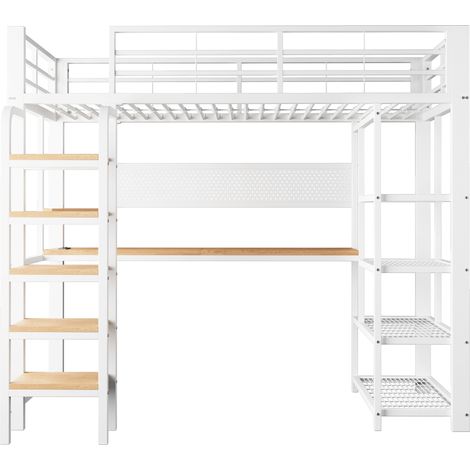 Lit mezzanine avec bureau 90x200 cm, lit mezzanine métal blanc avec éclairage LED, prises électriques et panneau perforé (1/5)