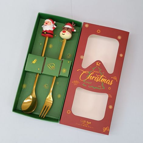 Coffret cadeau cuillère et fourchette en acier inoxydable sur le thème de Noël (ensemble de 2 pièces : Père Noël et renne) (1/5)