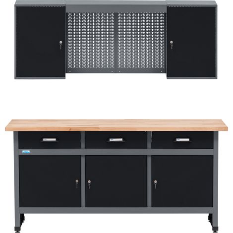 Kupper – Établi modulable 704219 – 170 cm avec plateau en hêtre massif – Armoire suspendue avec 4 étagères réglables – Pour usage professionnel