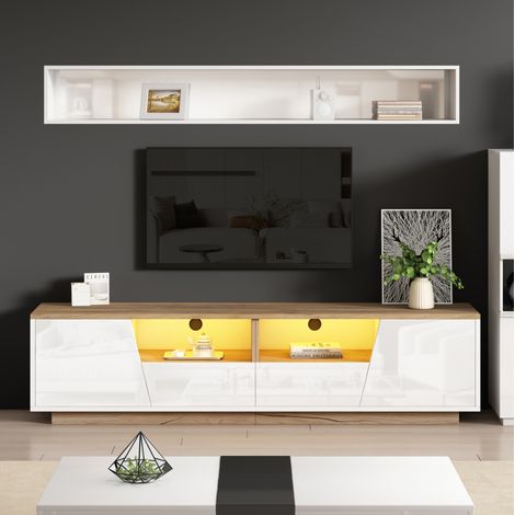 TV-Möbel 180 x 40 x 46 cm mit LED, 2 Schubladen, 2 Schränken, weiß und Holz, OKMYHOME (1/5)