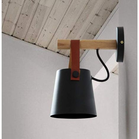 Applique murale moderne E27 en métal, style fer forgé, ceinture en bois, suspension créative d'inspiration nordique (noir) - RW (1/5)