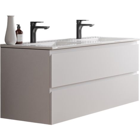 BERNSTEIN - Meuble double vasque suspendu salle de bain MDF Blanc mat, lavabos Céramique Blanc brillant + trous robinets, trop plein & Bondes - 120x46x50cm - AVA Blanc mat, Blanc brillant