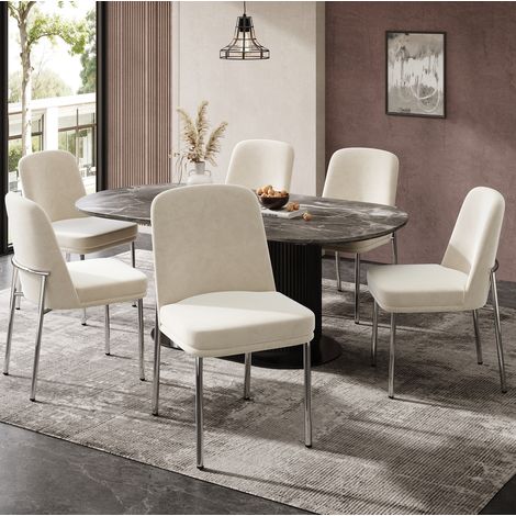 Juego de 6 sillas de comedor de terciopelo beige con asiento acolchado y patas de metal plateado (1/5)