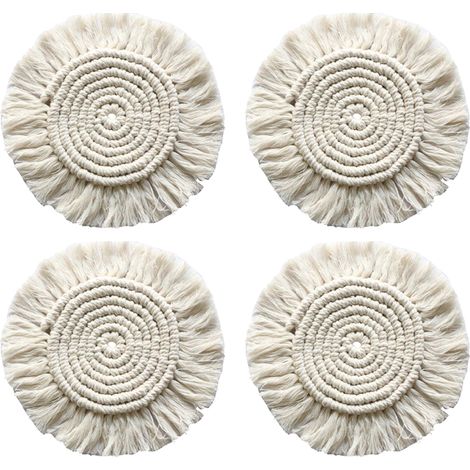 Sous-verre Rattan Macramé - Diamètre 11,4 cm - Protection Thermique et Absorbante - Déco Bohème pour Table Bureau Cuisine - Lot de 4 (1/5)
