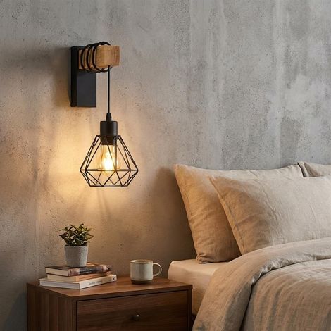 Aplique Murale Vintage Industriel en Bois Naturel avec Abat-jour en Cage Métallique Noir, Compatible Ampoule E27, Idéal pour Chambre et Salon, Montage Mural Intérieur Style Rétro Élégant (1/5)