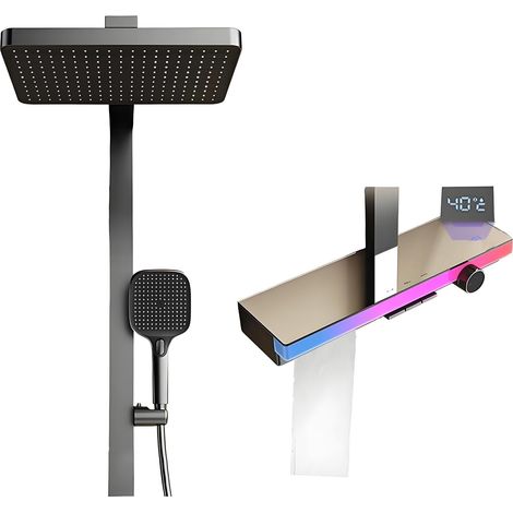 Colonne de Douche avec Mitigeur, Ensemble de Douche avec Affichage Numérique LED, 33x22cm Pommeau Pluie de Douche Carré, Douchette 4 Modes et Robinet Cascade, Système de Douche avec Étagère en Verre (1/5)