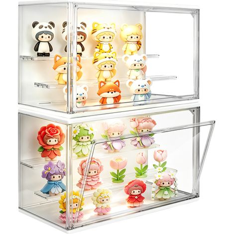 Lot de 2 Vitrines Acrylique LED – Transparentes, Empilables, avec Éclairage Intégré et Gradin Amovible – Porte Aimantée Anti-Poussière pour Figurines, Lego et Cosmétiques – 36×22×18 cm (1/3)