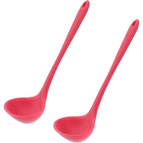 Set mit 2 langstieligen Silikon-Suppenlöffeln, Servierlöffel für warme Speisen (rot) - Rot (1/4)