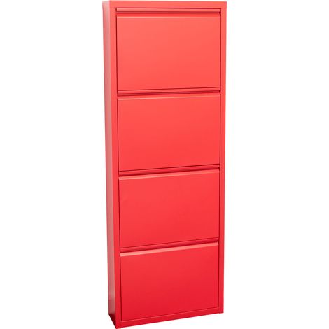 Pisa Armoire à chaussures à 4 rabats/portes en métal, rouge. Livré entièrement monté.