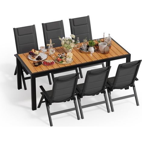 Salon de Jardin Extérieur : 1 Table en Aluminium Imitation Bois + 6 Chaises Longues Pliantes. Solide et Durable. Idéal pour Les Balcons, Les Jardins et Autres Espaces Extérieurs. (1/5)