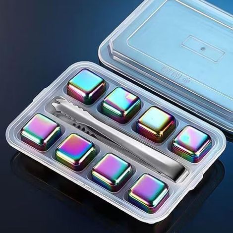 Ensemble de 8 cubes de glace en métal, pierres de whisky en acier inoxydable réutilisables. Pour whisky écossais, bourbon, boissons. Cadeau pour hommes, pères, maris. Couleur arc-en-ciel. (1/5)