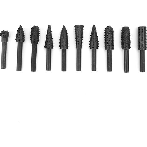 Set di 10 frese rotative, in acciaio 45, diametro 11 mm, lunghezza 58 mm, gambo 6,3 mm, durezza 50 HRC, ideali per intaglio, scanalatura, foratura e finitura professionale di legno e plastica. (1/5)