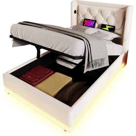 Lit Coffre 90 × 200 cm en Coton, Lit Simple avec USB et Type-C, LED 3 Côtés, sans Matelas, Beige (1/5)
