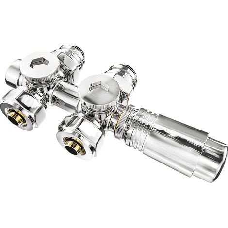 Heilmetz Juego Multibloque para racor de conexión de radiador con termostato 50mm accesorios de calefacción forma ángulo y paso racor de pared cromo