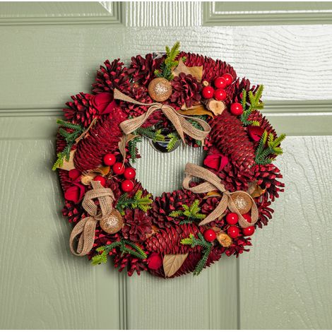 30cm Red Rose Hanging Christmas Wreath with Pinecones & Red Berries (1/5)