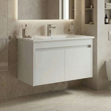 Meuble vasque suspendu 85 cm blanc 2 portes MOANA (1/4)