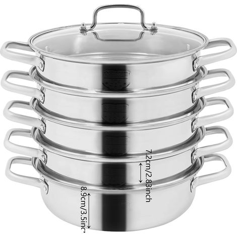 Vaporiera a 4 livelli, struttura in acciaio inox, colore argento.