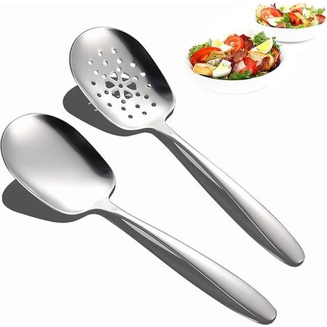 Cuillères de service en acier inoxydable, lot de 2. Cuillères de service perforées, idéales pour les buffets, les hôtels, les pique-niques et les fêtes. (1/5)