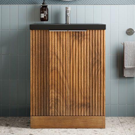 Fluted 600mm Bathroom Vanity Unit Basin Floorstanding Cupboard Soft Close Walnut (1/5)