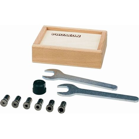 Proxxon – Set de 6 pinces de serrage en acier trempé 2,35 à 6,0 mm – Coffret en bois avec couvercle coulissant – Pour perceuses d'établi TBH