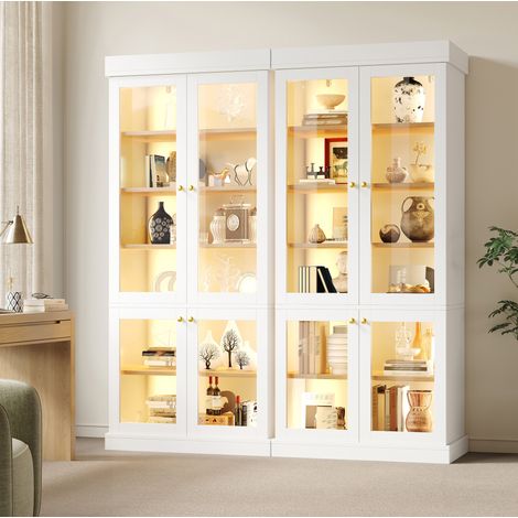 Vetrina alta bianca 160 x 40 x 180 cm con LED, ante in vetro e ripiani in MDF (1/5)