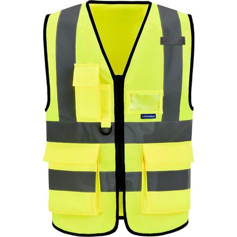 Warnweste Gelb mit Reflektorstreifen, Reißverschluss und Taschen, Größe L (1/4)