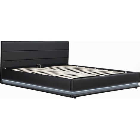Habitat Et Jardin – Lit avec coffre et éclairage LED noir – Dimensions 160 x 200 cm – Tête de lit fournie – Coffre de rangement pratique – Structure robuste en MDF (1/4)
