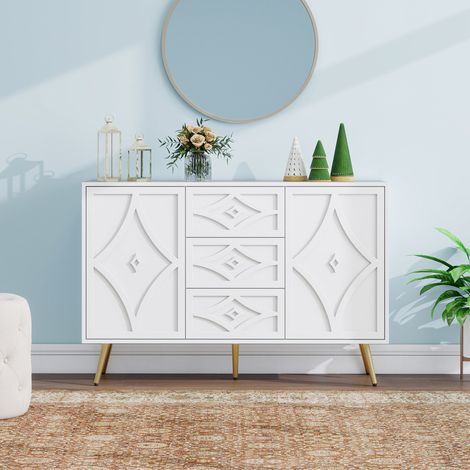 Elegante Kommode mit Rautenmuster – Weißes Sideboard mit 3 Schubladen & 2 Türen, Goldfüße, 120×40×80 cm, Modernes Design für Wohnzimmer, Flur oder Schlafzimmer