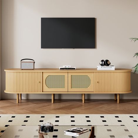 Mueble tv bajo ovalado 180x40x40cm para television hasta 75 pulgadas salon estilo bohemio mdf y rattan - madera clara (1/5)