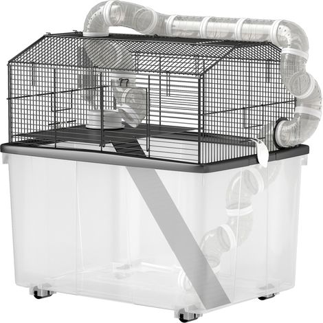 Cage portable hamster avec rampe gamelle biberon, noire 58x43x57 cm