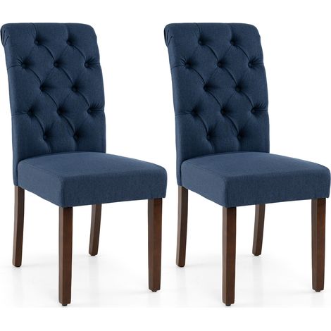 Lot de 2 Chaise Salle à Manger, Pieds en Bois, Assise Rembourrée et Dossier Haut Capitonné, sans Accoudoirs, pour Cuisine, Salon, Charge 150KG, Bleu (1/5)