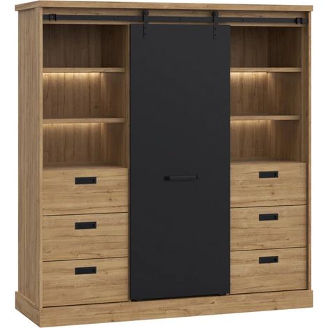 Vaisselier 1 porte coulissante 6 tiroirs décor chêne noir – Éclairage LED – Système soft close – Fabrication européenne – Meubletmoi (1/5)