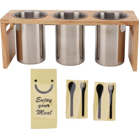 Porte-couverts en acier inoxydable avec compartiments, cadre en bois stable, trous d'égouttage, idéal pour comptoir de cuisine (1/5)