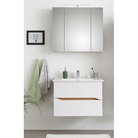 Badezimmer Waschplatz Set mit Keramik Waschbecken QUEIMADOS-66 in Weiß Glanz mit Weiß Hochglanz, B/H/T ca. 80/200/45 cm (1/5)