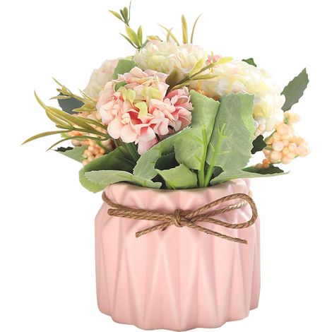 Bouquet d'Hortensias Artificielles en Pot avec Vase Rose pour Décoration de Table à Manger