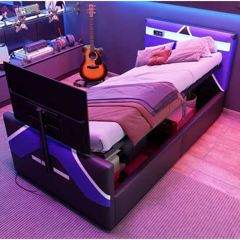 Polsterbett E-Sport Schwarz 90x200 cm mit LED, TV-Halterung und Stauraum (1/5)