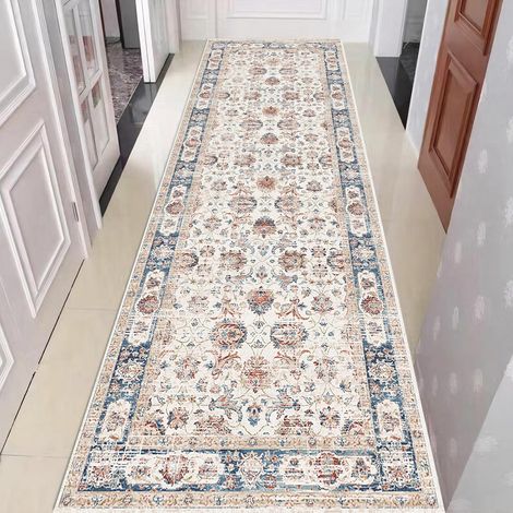 Tapis de Couloir Beige, Teintes Naturelles, Lavable 60 x 240 cm, Tapis Cuisine Antidérapant 5 mm, Effet Cachemire avec Dos en Caoutchouc TPR, Style Vintage (1/5)