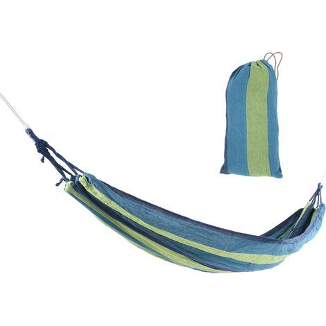 Tragbare Hängematte für ein oder zwei Personen, ideal für Garten, Camping und Reisen, leicht, blau mit farbigem Streifen (1/5)