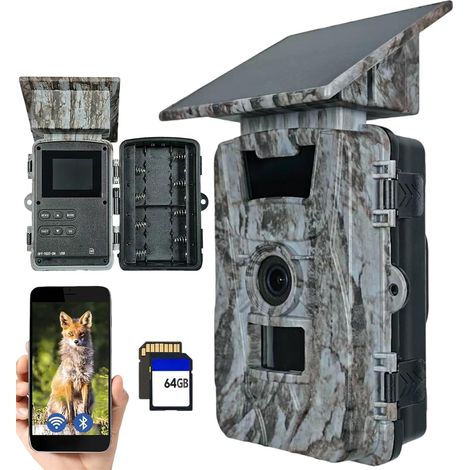 Caméra de Chasse Solaire avec Carte SD 64Go, 4K 60MP WiFi Camera, 5200mAh Batterie Rechargeable, Piege Photographique Infrarouge Vision Nocturne, Détection Mouvement, IP66 (1/5)